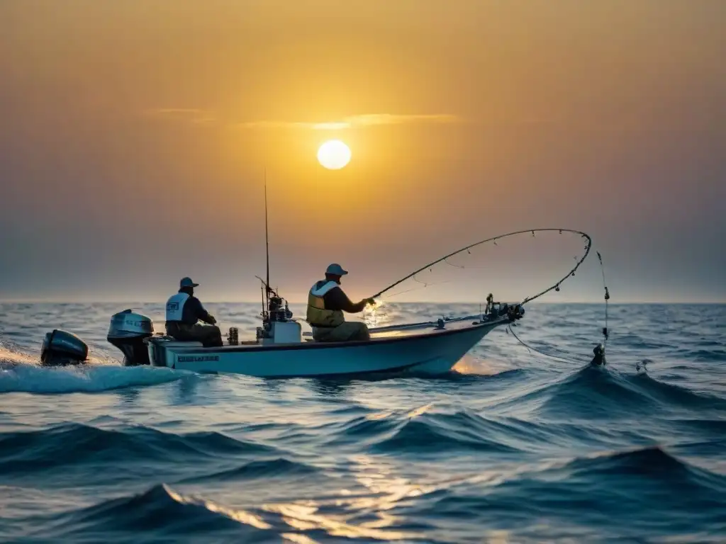 Emocionante pesca al amanecer en alta mar Un amanecer dorado en alta mar con pescadores expertos disfrutando de la pesca deportiva en mar abierto