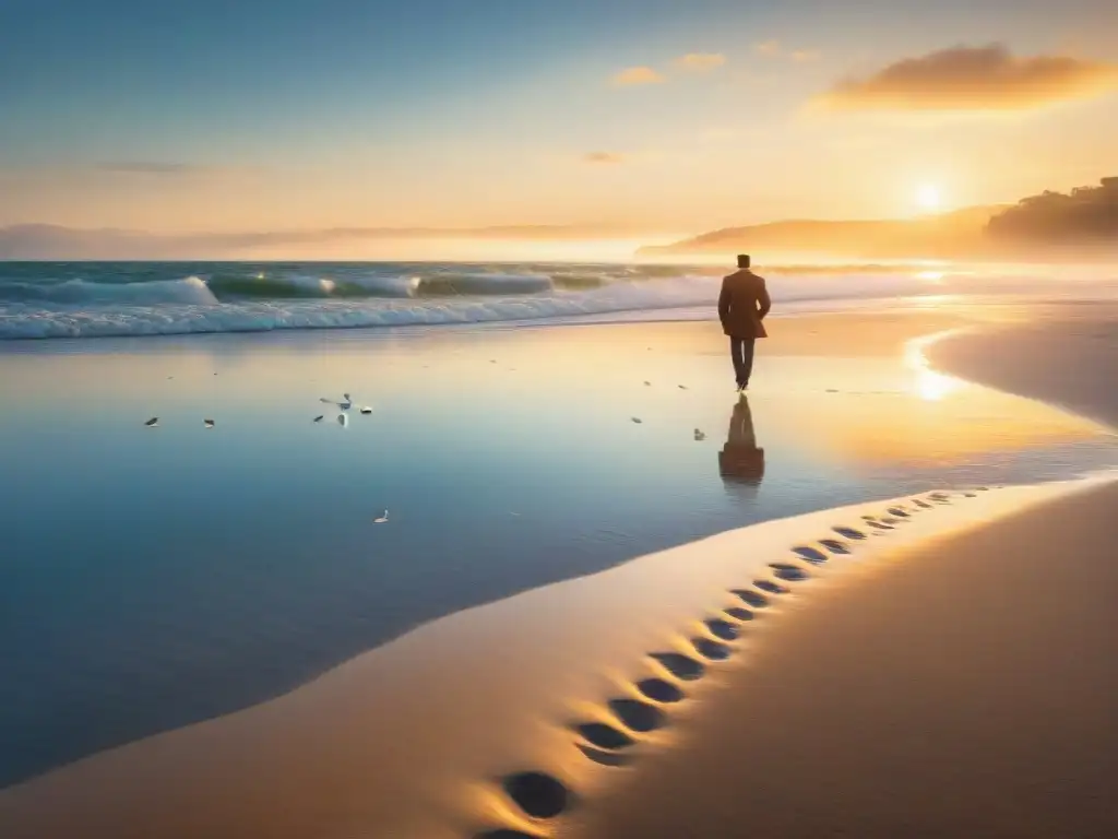 Playa dorada al amanecer: paz y serenidad en la costa Un amanecer dorado en una playa serena: olas suaves, gaviotas en el cielo y una figura solitaria