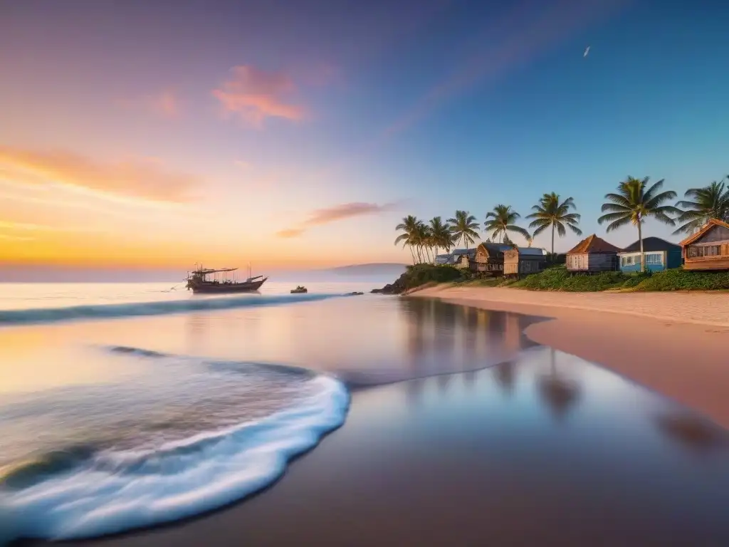 Espléndido amanecer dorado en pueblo costero: serenidad y belleza Un amanecer dorado sobre un pueblo costero tranquilo, con barcos de pesca en el agua, gaviotas en el cielo y palmeras en la playa