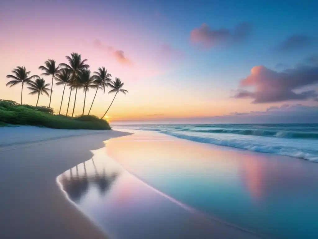 Al amanecer: paz y belleza en la playa Un amanecer de ensueño en la playa desde casa: luz suave, olas besando la arena, gaviotas en el cielo y palmeras al fondo
