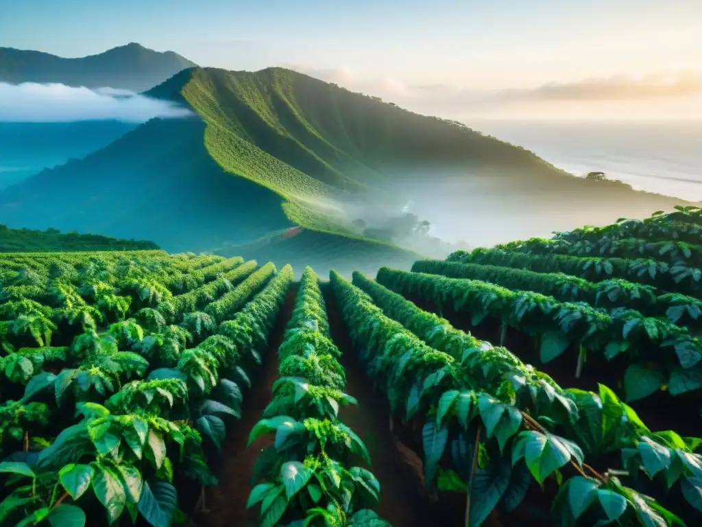 Plantación de café costera al amanecer: belleza serena Un amanecer impactante en una plantación costera de café, con el sol dorado sobre el mar y las plantas verdes