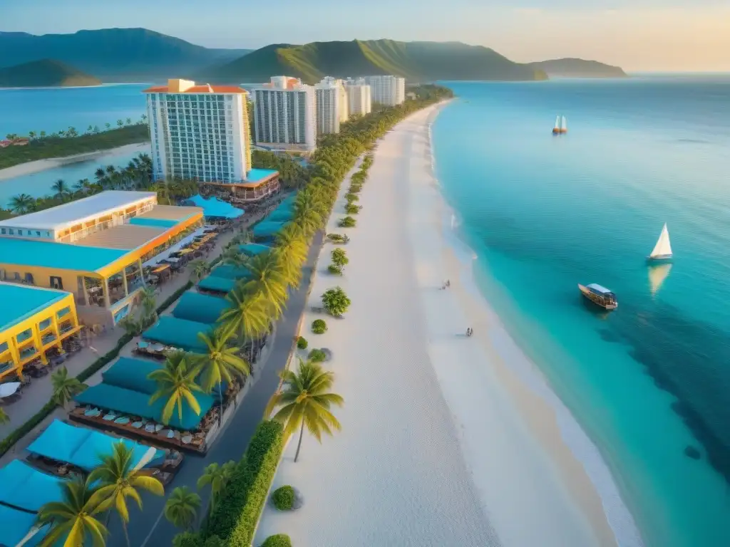 Esplendor costero: ciudad moderna junto al mar al amanecer Un amanecer impresionante en una ciudad costera, con altos edificios modernos en la playa, veleros en el mar turquesa y palmeras al viento
