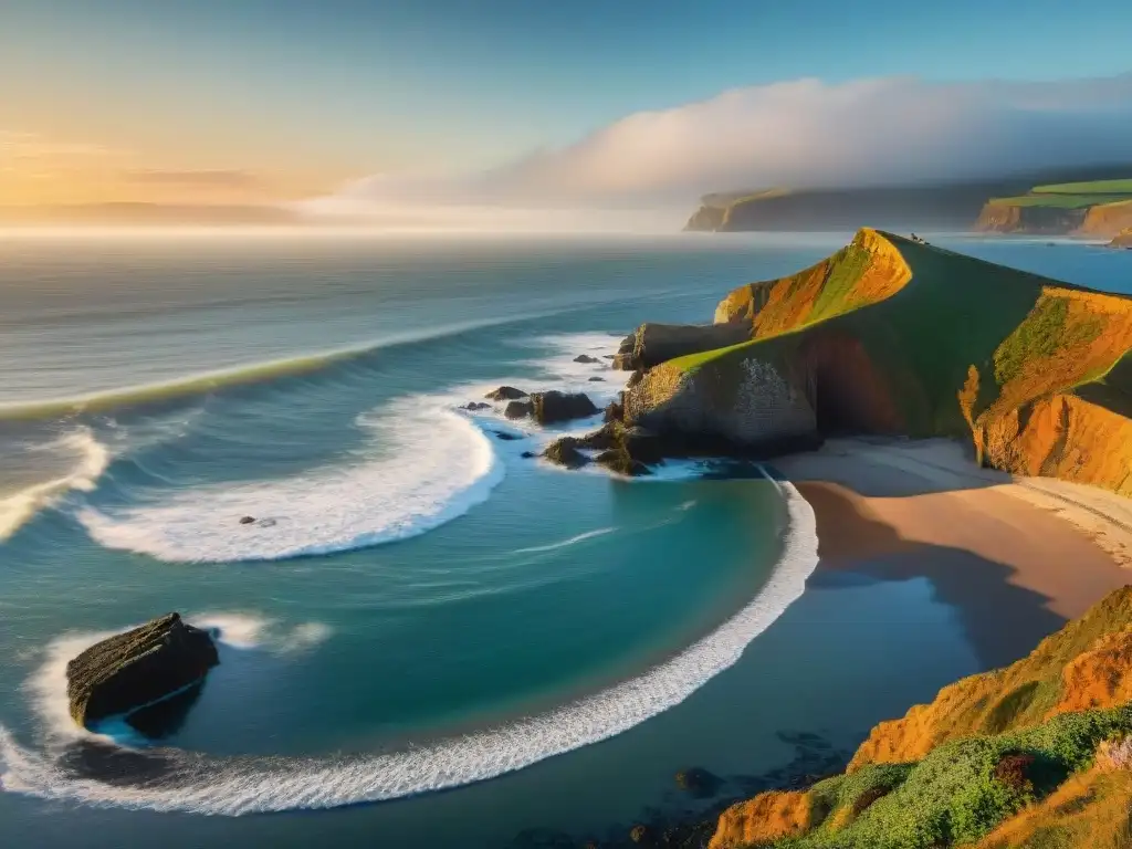 Costa salvaje al amanecer: la belleza cruda de la naturaleza Un amanecer impresionante en la costa: el viento ondula el mar, las gaviotas vuelan y el sol brilla