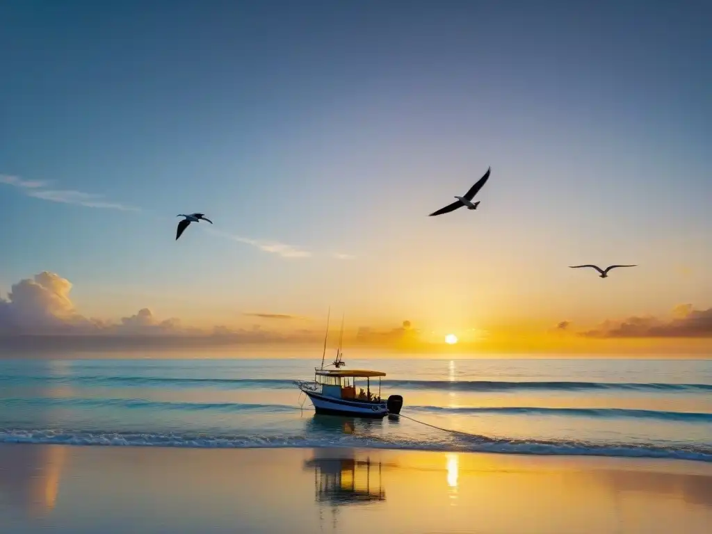Espléndido amanecer marino: pesca, palmeras y delicias matutinas Un amanecer impresionante sobre el océano, un bote pesquero solitario en el agua, palmeras en la playa y un café frente al mar