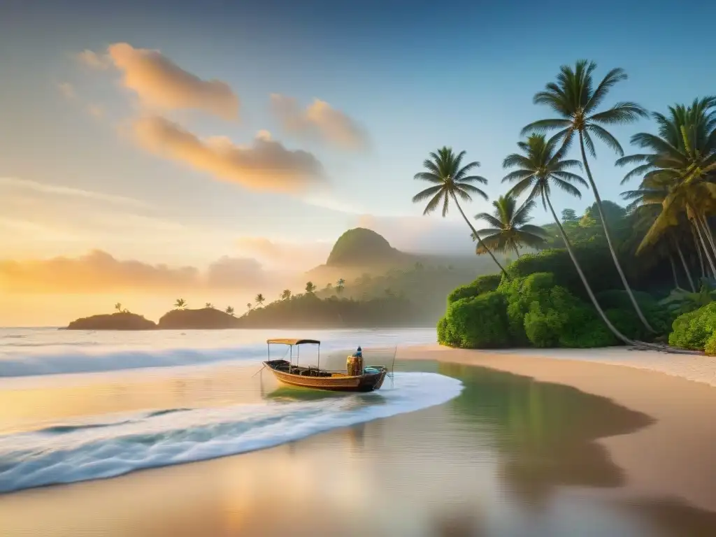 Espectacular amanecer en playa tropical con barco de pesca y pescadores Un amanecer impresionante en una playa tranquila con un bote de pesca tradicional y pescadores locales preparando sus redes