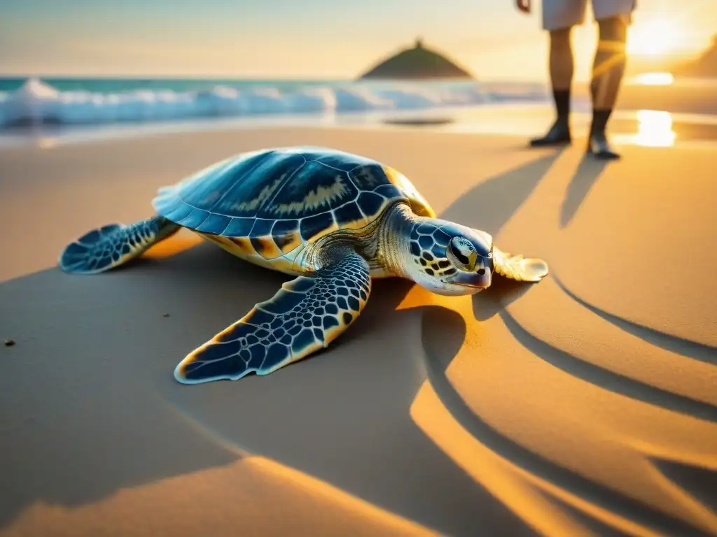 Emocionante liberación de crías de tortugas marinas al amanecer Amanecer mágico: biólogos y voluntarios liberan crías de tortugas marinas en playa