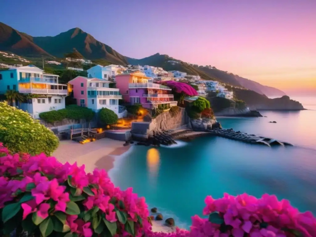 Pintoresca alborada en pueblo costero: casas pastel y gaviotas Un amanecer mágico en un pueblo costero, con casas de colores pastel y bougainvilleas en flor, mientras las gaviotas vuelan sobre el mar