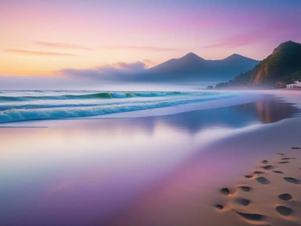 Playa rejuvenecedora: amanecer vibrante con actividades costeras Un amanecer rejuvenecedor en la playa con actividades junto al mar, reflejando beneficios antienvejecimiento