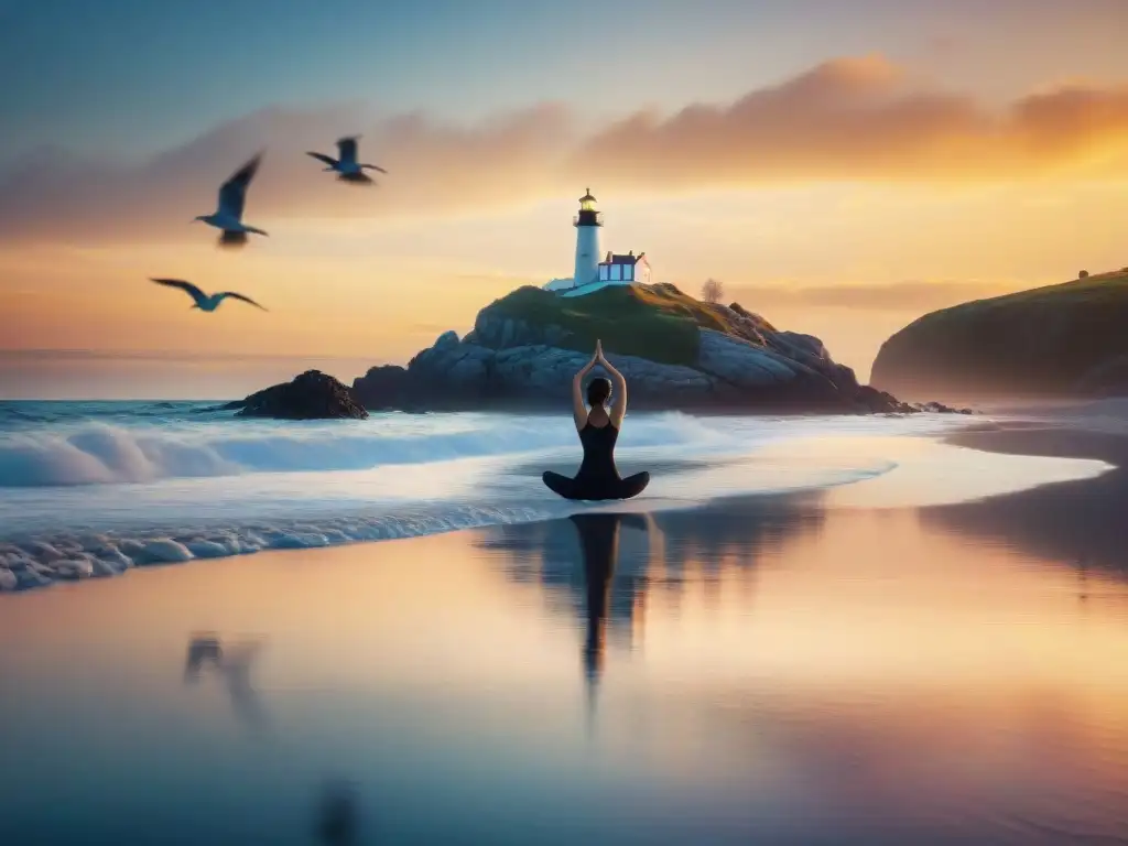 Armonía costera: yoga al amanecer junto al mar Un amanecer sereno en la costa refleja la belleza y tranquilidad de la vida costera