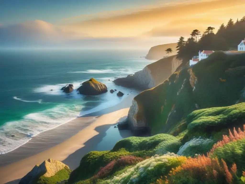 Belleza costera al amanecer: paz y rejuvenación Un amanecer sereno en la costa, con olas suaves y gaviotas en un cielo pastel