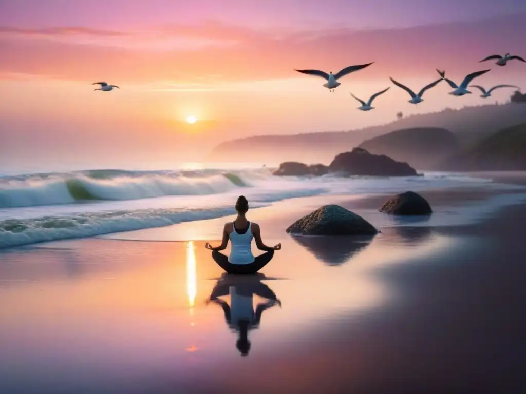 Amanecer sereno: yoga en la playa al amanecer Un amanecer sereno en la costa, con olas suaves, gaviotas y yoga en la playa