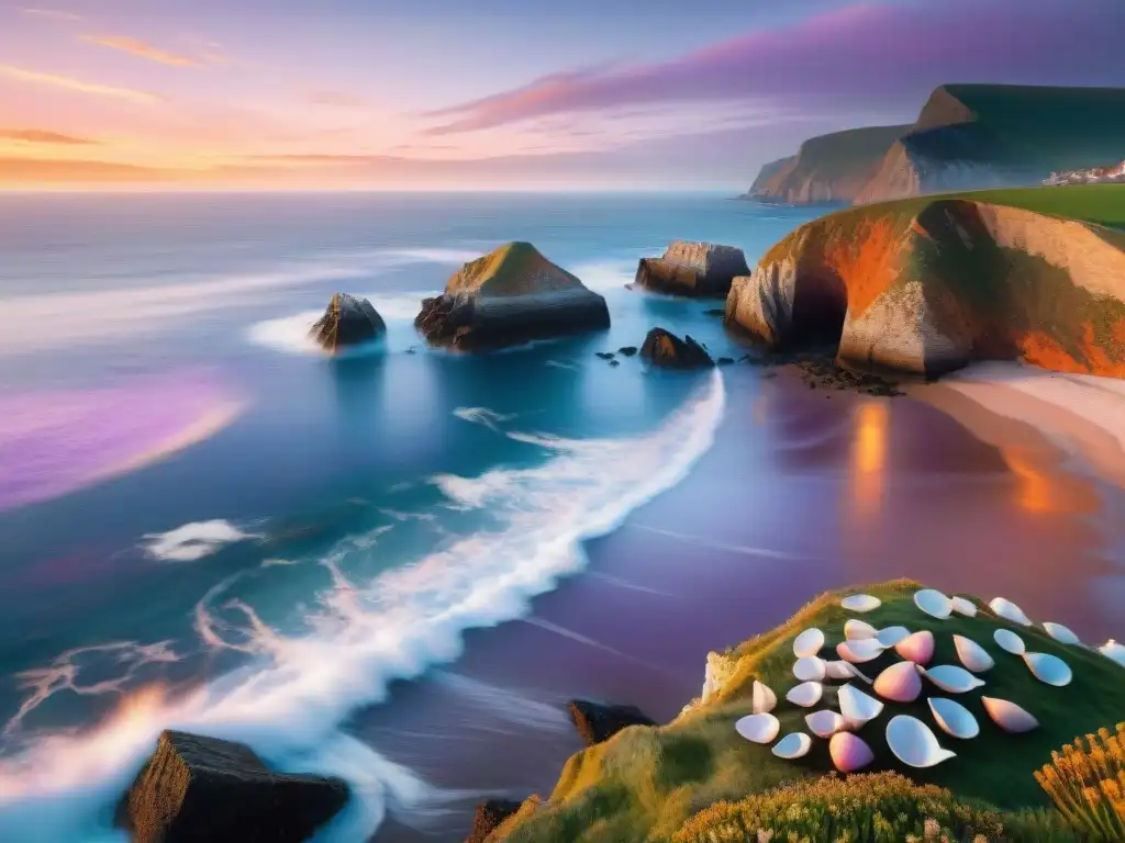 Costa salvaje al amanecer: serenidad y encanto marino Un amanecer sereno en la costa, con olas suaves, gaviotas y colores pastel