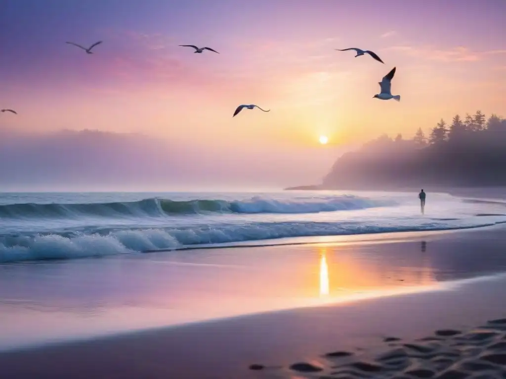 Tranquil amanecer en la costa: conexión con la naturaleza Un amanecer sereno en la costa, con olas suaves y playa de arena