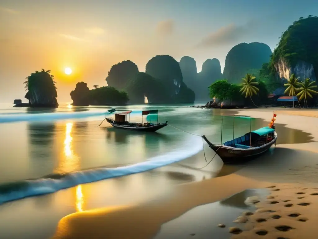 Amanecer dorado en Vietnam: paisaje costero de ensueño Un amanecer sereno en la costa de Vietnam con olas, palmeras y barcos pesqueros