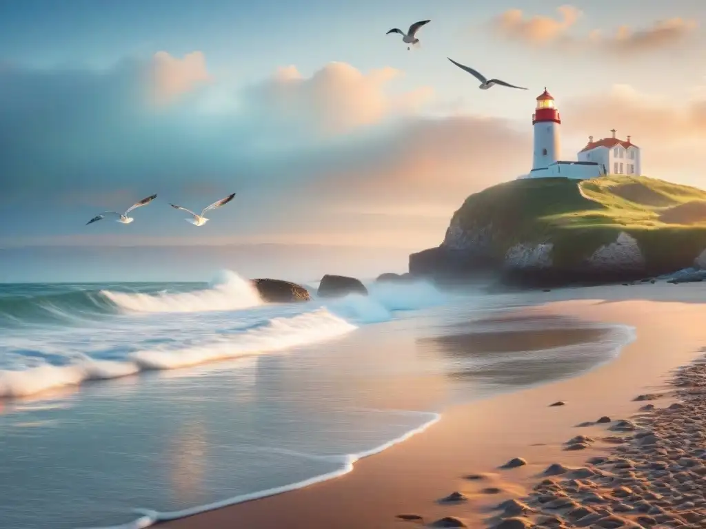 Paisaje costero al amanecer: serenidad y belleza marina Un amanecer sereno en la costa: playa tranquila, olas suaves, gaviotas y un faro distante