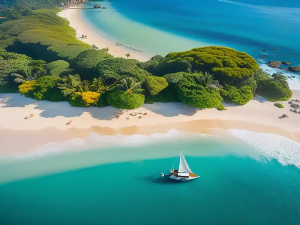Costa serena al amanecer: vistas aéreas de ensueño Un amanecer sereno en la costa con rayos dorados sobre el mar, veleros y palmeras