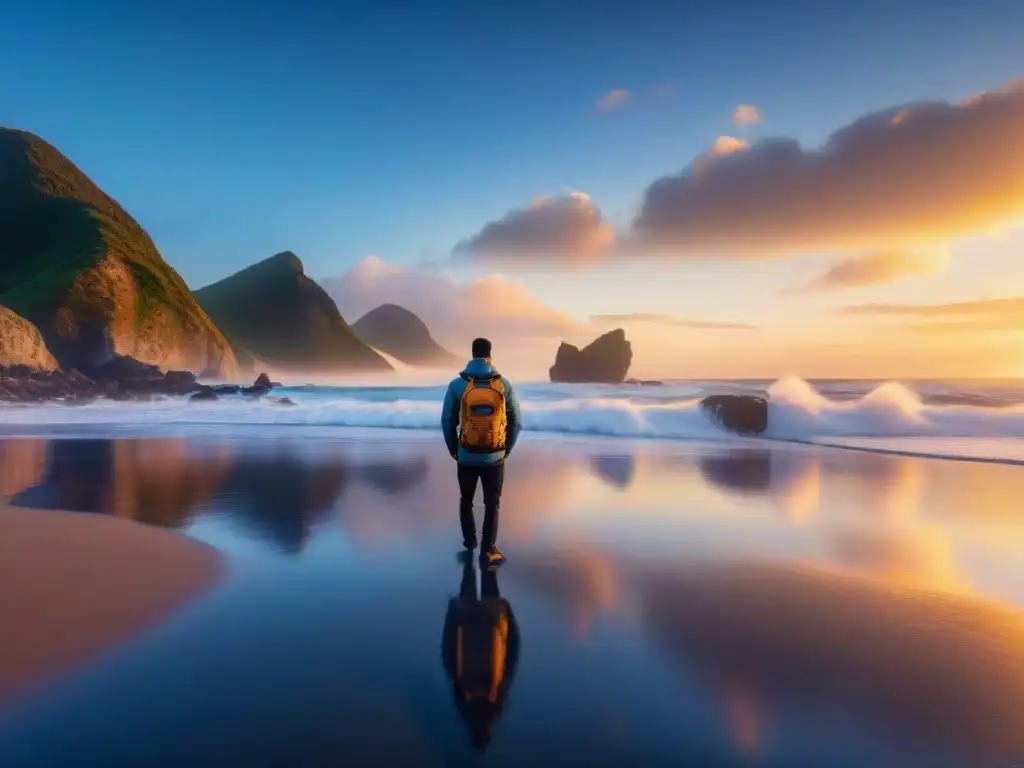 Fotógrafo captura amanecer en playa serena Un amanecer sereno en la costa con reflejos marinos, donde un fotógrafo captura la belleza tranquila