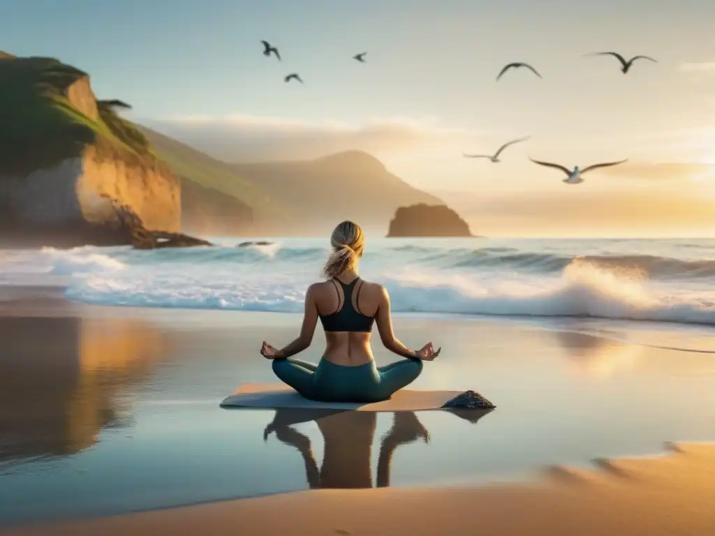 Amanecer sereno: yoga en la costa Un amanecer sereno en la costa: el sol dorado emerge sobre el mar, una figura practica yoga en la playa, rodeada de gaviotas y olas suaves