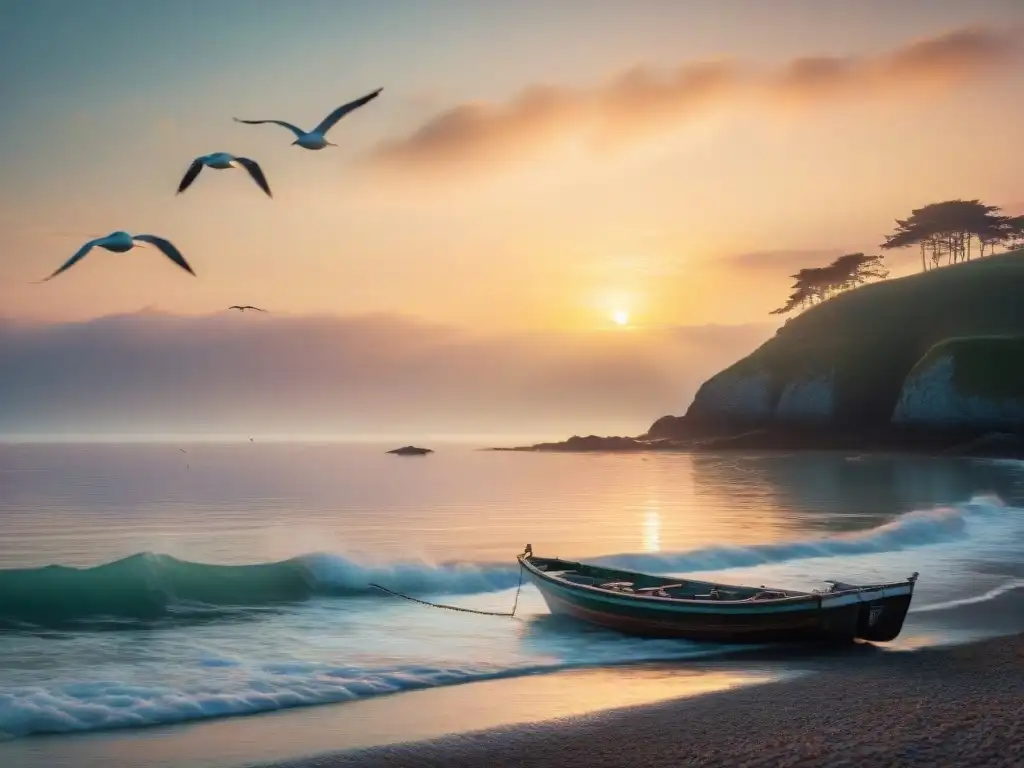 Amanecer sereno en la costa: reflejos pastel y pesca a lo lejos Un amanecer sereno en la costa, reflejando tonos pastel en el agua, con un bote de pesca solitario y gaviotas
