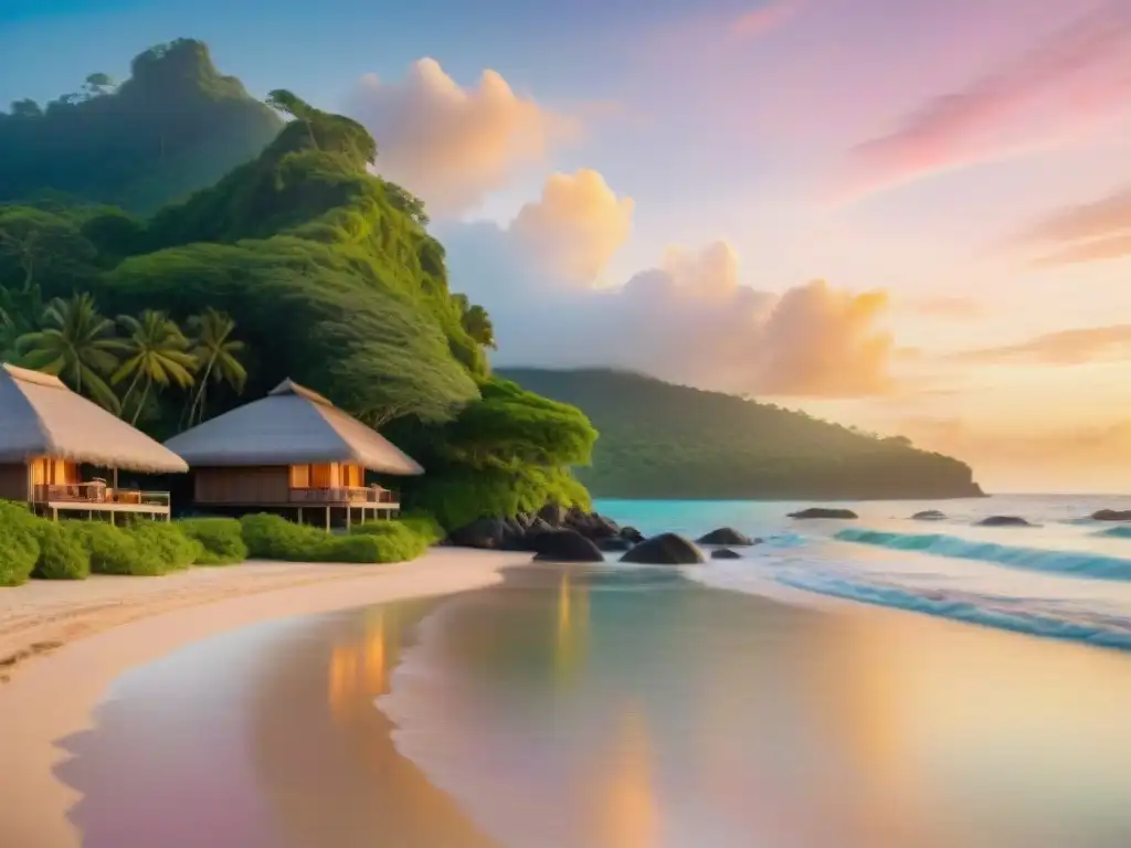 Paraíso ecológico: Amanecer sereno en EcoResort junto al mar Un amanecer sereno sobre el mar en un EcoResort, con bungalows ecofriendly entre vegetación, yoga en la playa y siembra de árboles