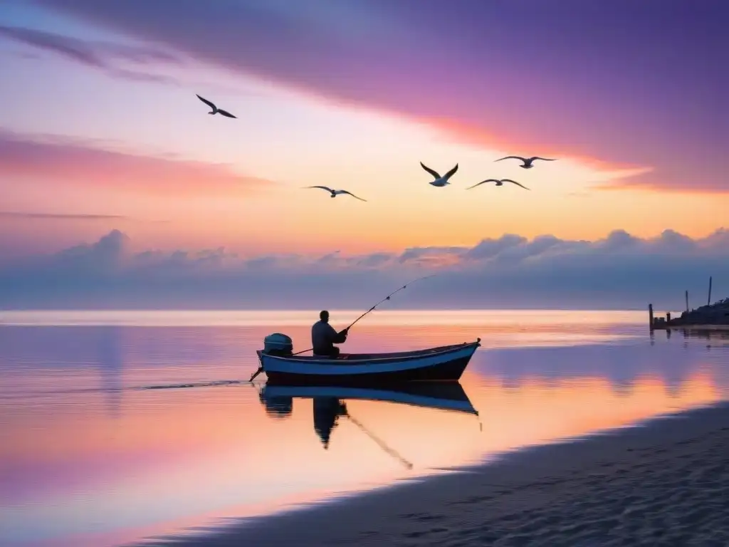 Amanecer sereno sobre el mar: tonos pastel reflejados en aguas tranquilas Un amanecer sereno sobre el mar, con tonos pastel pintando el cielo en rosado, naranja y morado