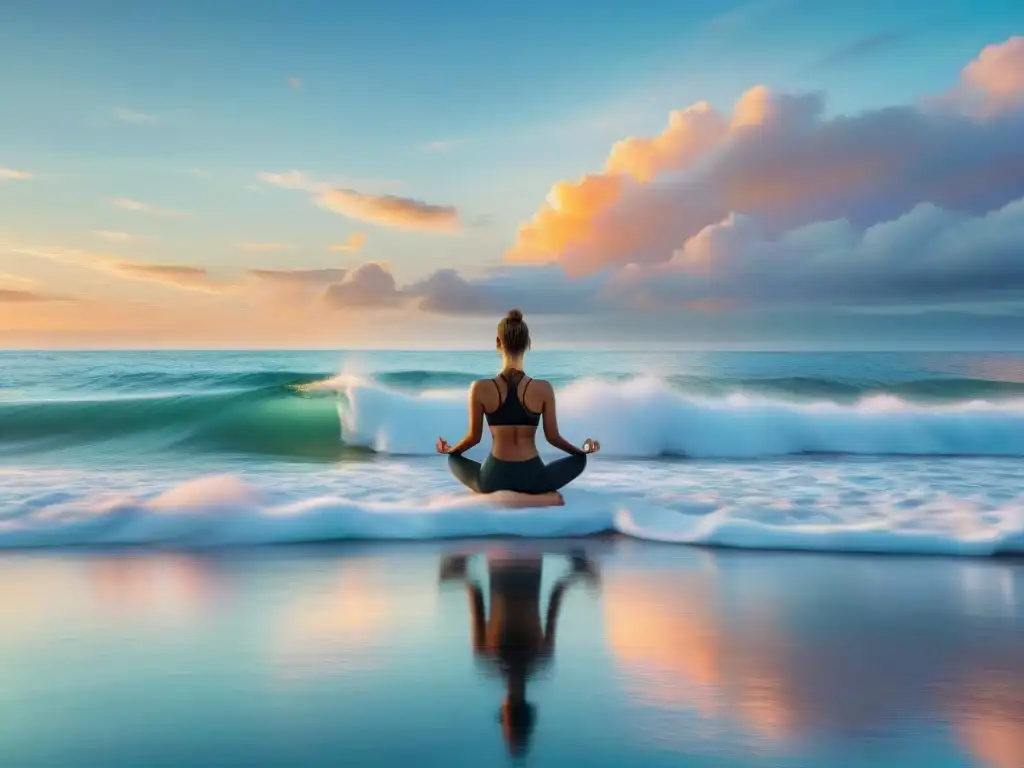 Armonía en el amanecer: yoga junto al mar Un amanecer sereno sobre el mar, con tonos pastel y una figura practicando yoga en la playa