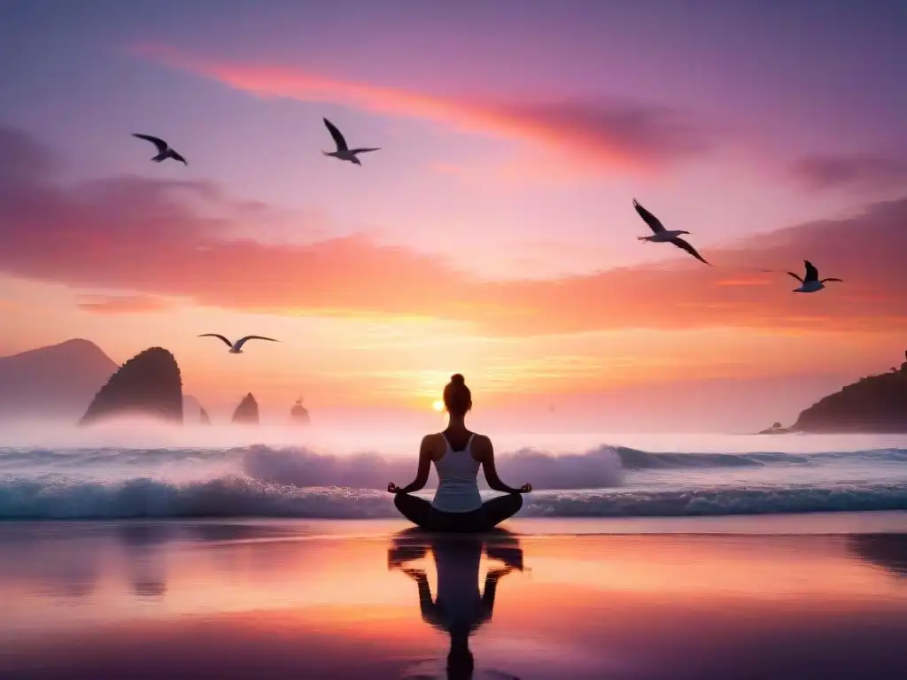 Tranquila meditación al amanecer en la playa Un amanecer sereno sobre el océano, con colores vibrantes reflejados en el agua calmada