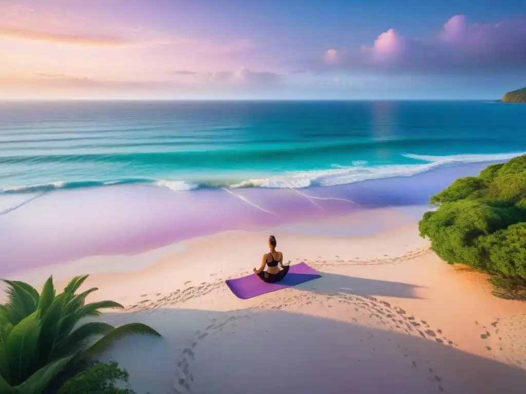 Playa paradisíaca al amanecer: serenidad y conexión espiritual Un amanecer sereno en una playa aislada, con olas suaves acariciando la arena dorada y vegetación exuberante