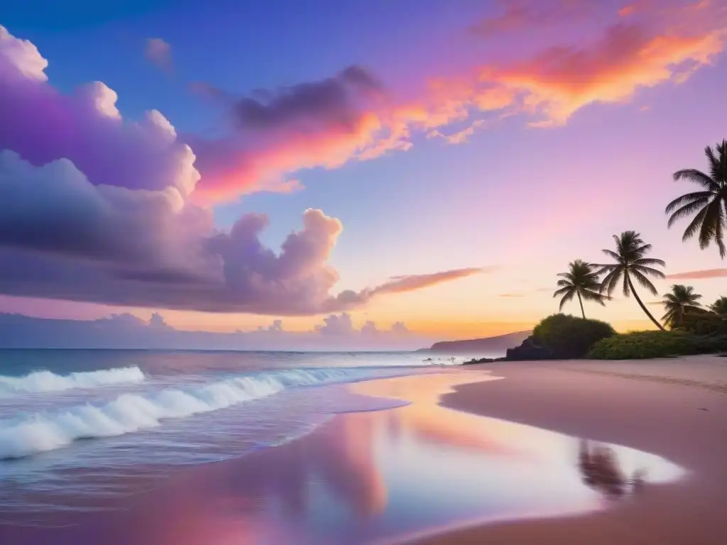 Atardecer sereno en playa paradisíaca: retire y relájese Un amanecer sereno en una playa apartada, con palmeras meciéndose y un cielo colorido