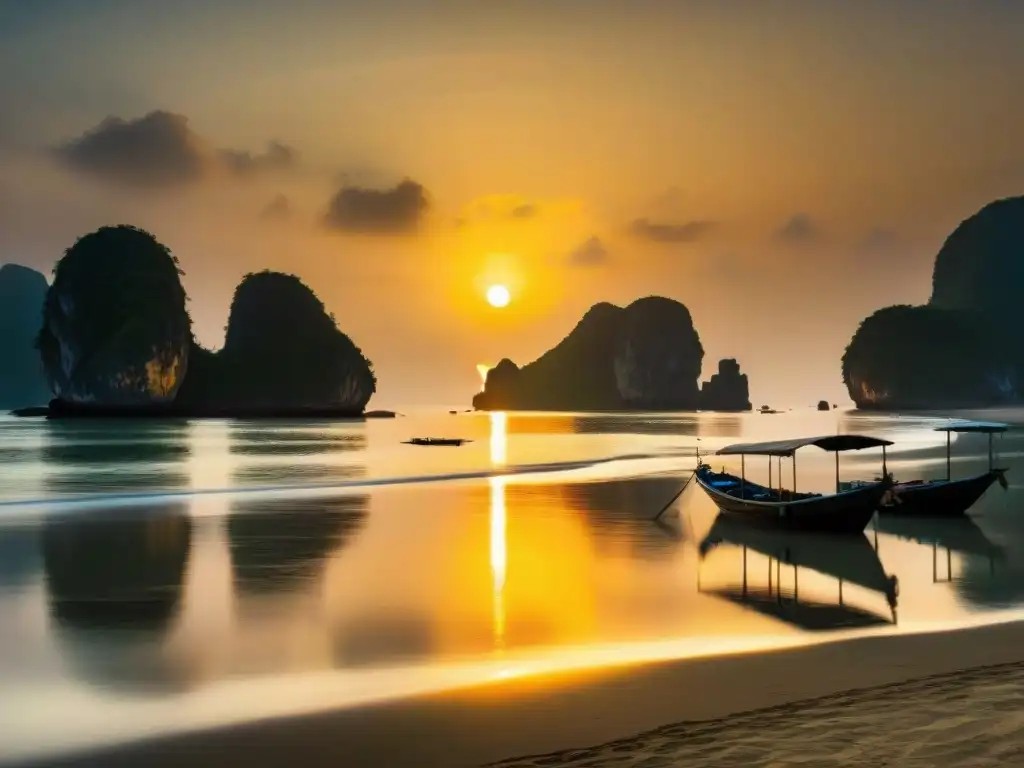 Amanecer sereno en playa de Vietnam: luz dorada y barcas pesqueras Un amanecer sereno en una playa de Vietnam, con la calma del mar iluminada por la suave luz dorada