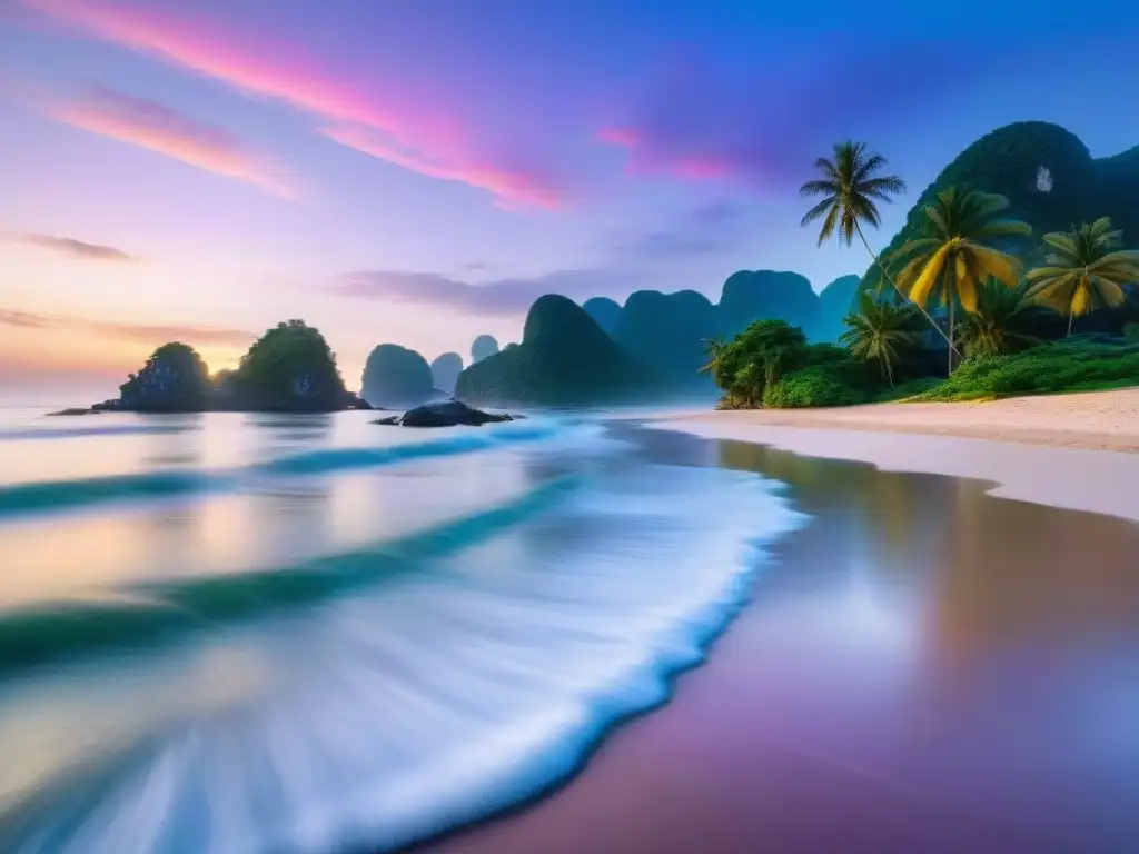 Playa serena al amanecer en Vietnam: un paraíso tranquilo Un amanecer sereno en una playa de Vietnam, con cielos rosados, reflejos en el mar y palmeras