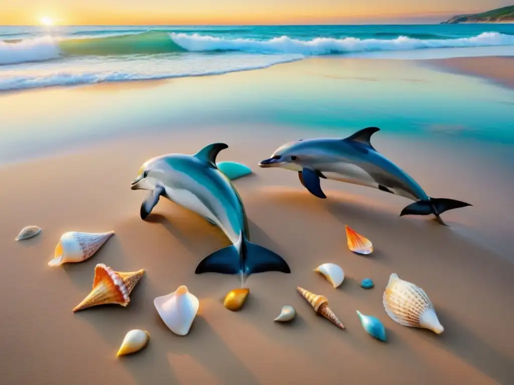 Playa serena al amanecer: delfines, aves marinas y veganismo en armonía Un amanecer sereno en la playa con delfines nadando cerca de la orilla y conchas brillantes en la arena