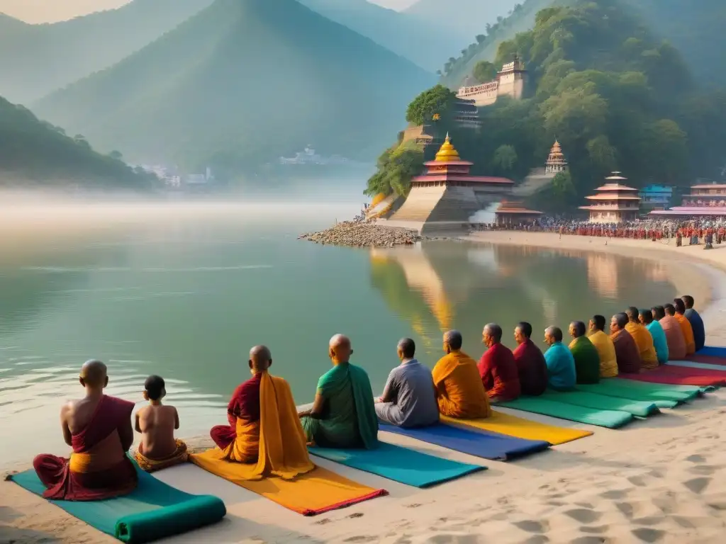 Amanecer espiritual en Rishikesh: monjes practicando yoga junto al Ganges Un amanecer sereno en una playa de Rishikesh, India, con monjes practicando yoga y saris coloridos secándose