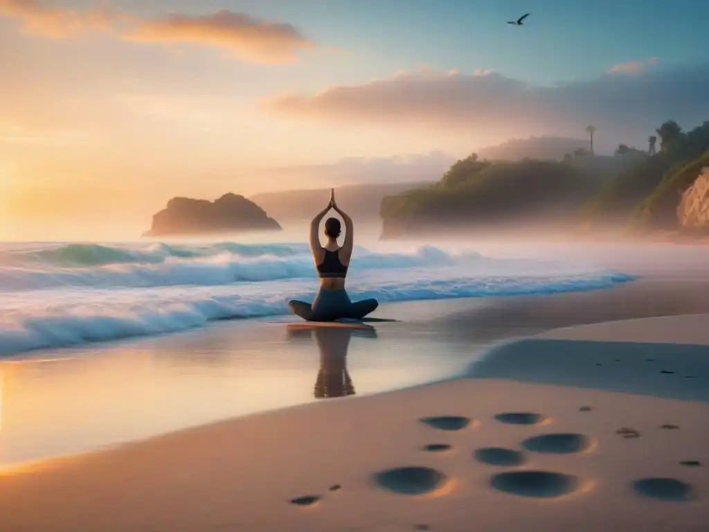 Playa al amanecer: paz y meditación en la naturaleza Un amanecer sereno en la playa con olas suaves, aves marinas y meditación y mindfulness en entornos costeros