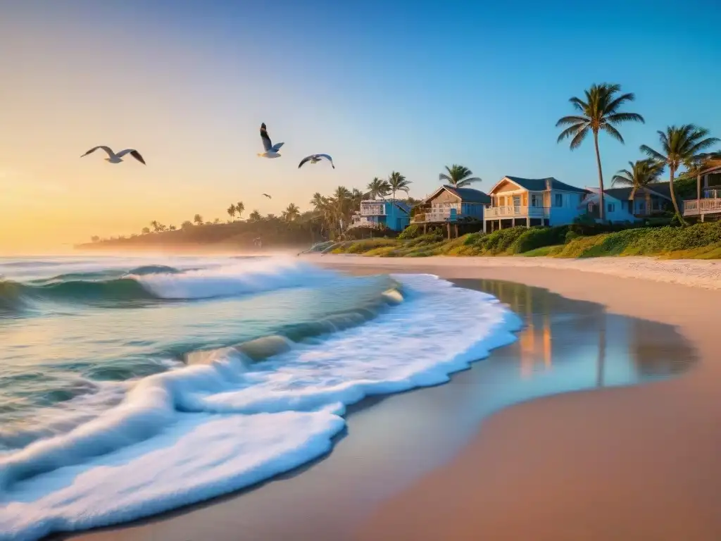 Paraíso costero al amanecer: playa prístina y serena Un amanecer sereno en una playa virgen, con olas suaves, gaviotas y palmeras meciéndose, capturando la belleza costera