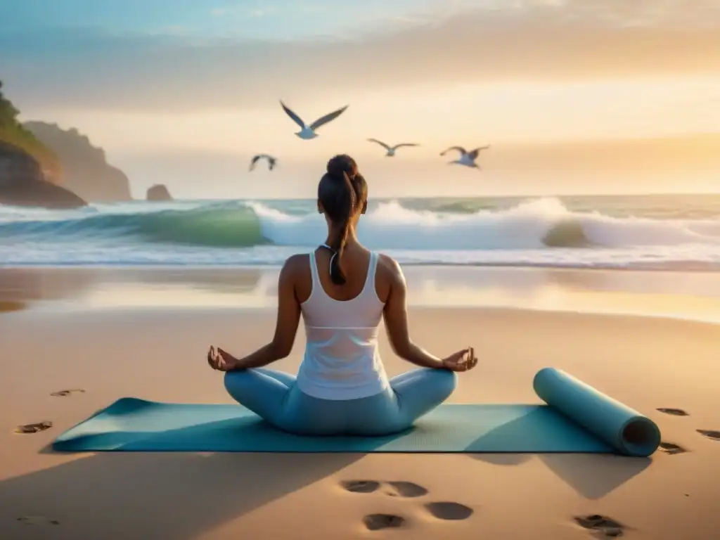 Playa serena al amanecer: yoga y naturaleza Un amanecer sereno en una playa virgen, con olas suaves y una figura practicando yoga, evocando el turismo minimalista en costas
