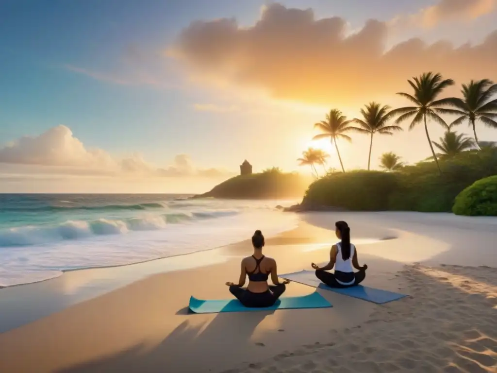 Retiro espiritual en la playa al amanecer: yoga y conexión en ecoresort Un amanecer sereno en una playa paradisíaca, con olas suaves, palmeras y personas practicando yoga