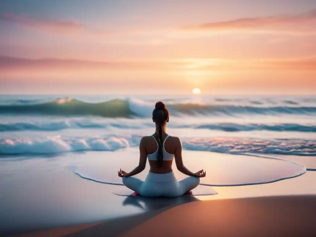 Yoga al amanecer: armonía y serenidad en la playa Un amanecer sereno en la playa con una persona practicando yoga, transmitiendo beneficios espirituales vivir junto al mar