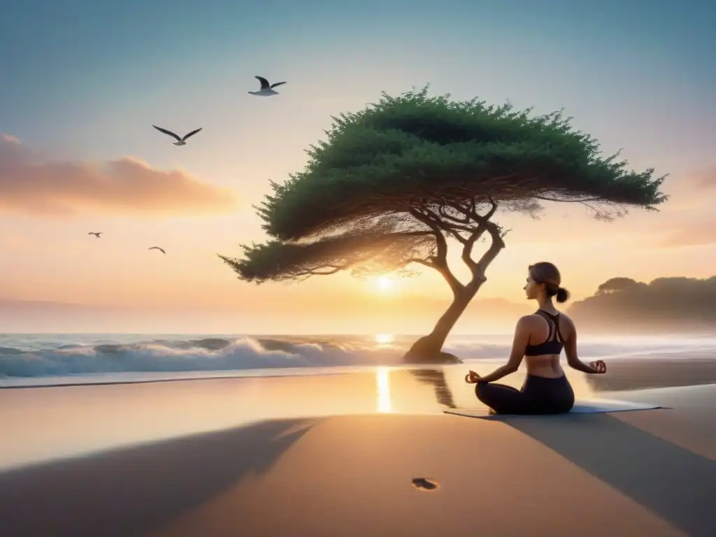 Yoga al amanecer: armonía en la playa Un amanecer sereno en la playa con poses de yoga inspiradas mar, creando armonía y conexión con la naturaleza