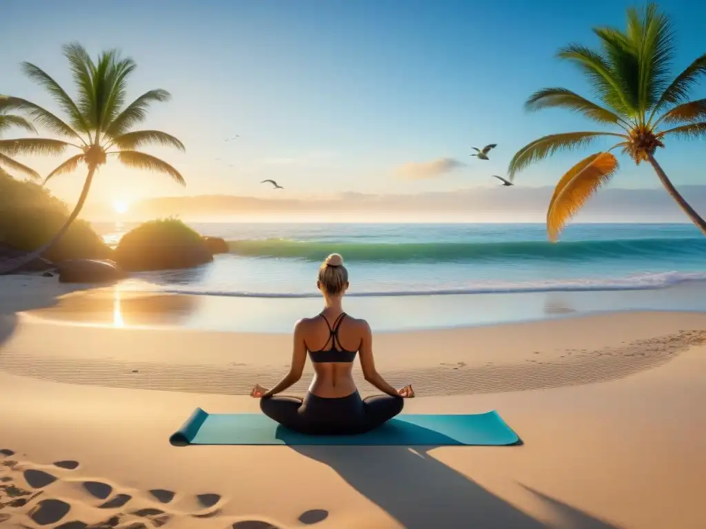 Yoga al amanecer en la playa: serenidad y bienestar Un amanecer sereno en la playa: el sol dorado ilumina el mar tranquilo, palmeras proyectan sombras largas en la arena