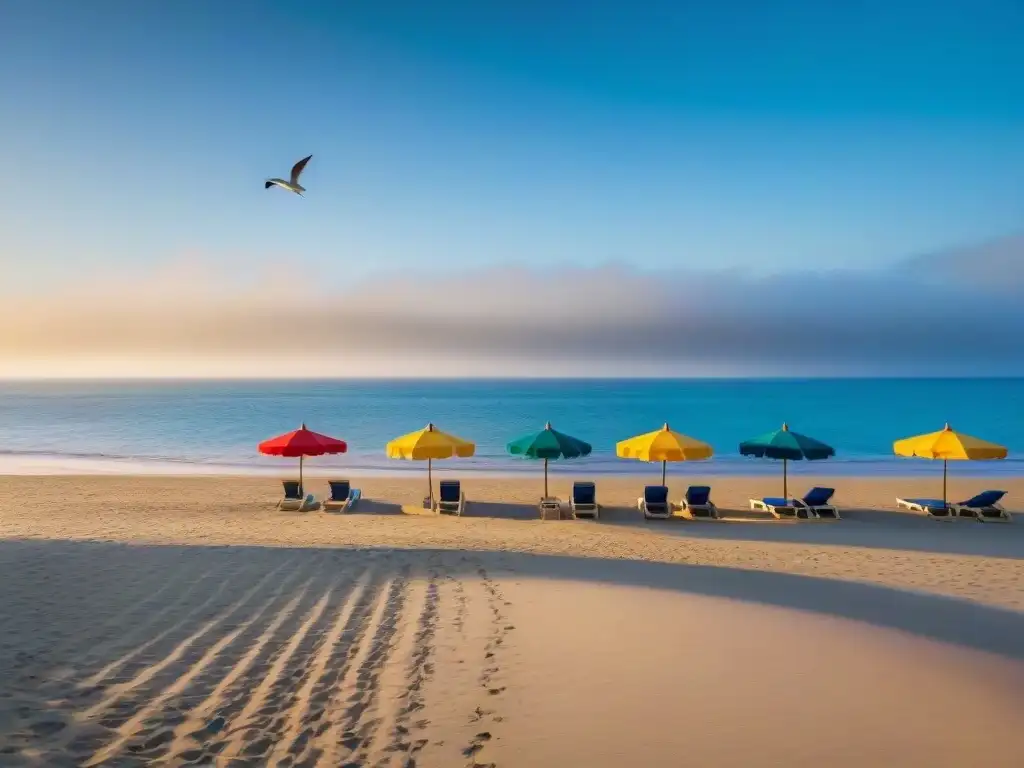 Playa dorada al amanecer: paz y serenidad a la orilla del mar Un amanecer sereno en la playa, con sombrillas coloridas y una figura solitaria en el horizonte