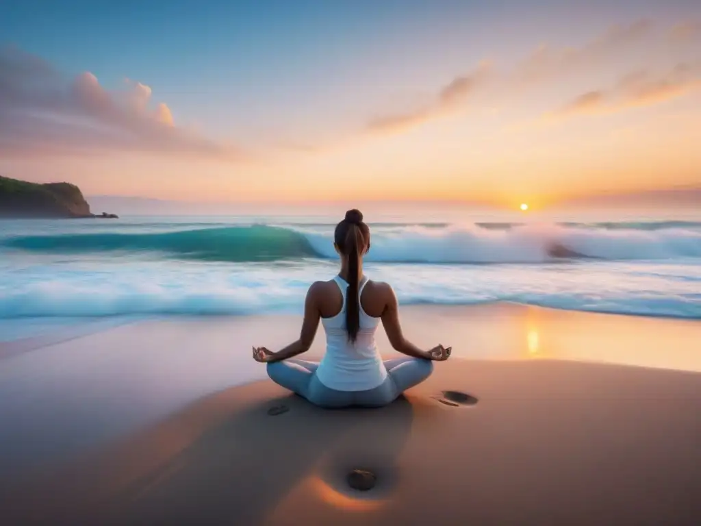 Playa serena al amanecer: yoga en la arena Un amanecer sereno en la playa, donde el turismo minimalista en costas se fusiona con la meditación y la paz del yoga