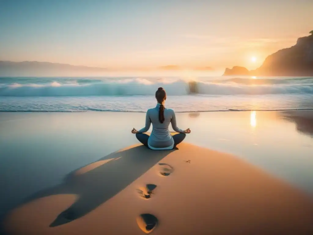 Playa serena al amanecer: yoga, paz y conexión espiritual Un amanecer sereno en la playa con yoga al amanecer, gaviotas y ondas suaves