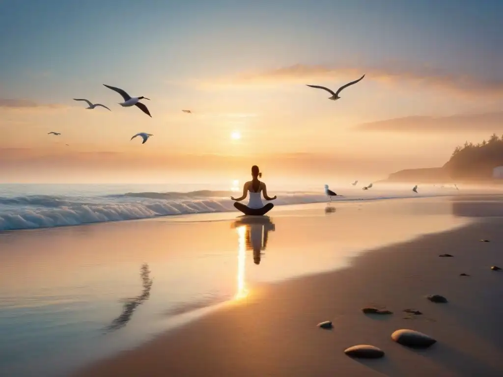 Yoga al amanecer: Serenidad costera y rejuvenación Un amanecer sereno en la playa con yoga al amanecer y beneficios atmósfera costera revitalizante