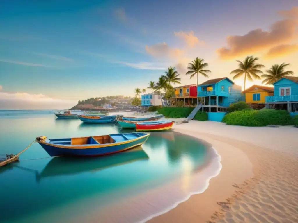 Paisaje costero sereno al amanecer: barcos, pescadores y palmeras Un amanecer sereno en un pueblo costero con barcos coloridos, pescadores y palmeras