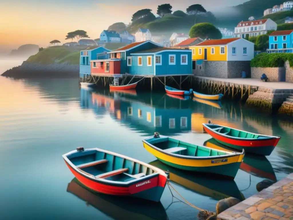 Paisaje costero al amanecer: armonía entre humanos y naturaleza Un amanecer sereno en un pueblo costero con barcos coloridos, aves y lugareños disfrutando de la mañana
