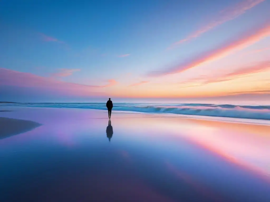 Amanecer sereno en la playa: colores pastel y tranquilidad Un amanecer tranquilo en la playa con olas suaves, gaviotas y una figura solitaria mirando al horizonte