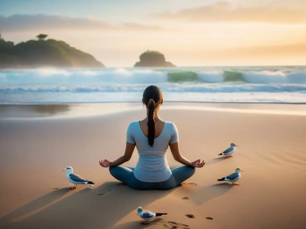 Serena playa al amanecer: yoga y paz mental en comunidad costera Un amanecer tranquilo en la playa, con olas suaves, gaviotas y yoga en la arena, beneficios vivir comunidades costeras