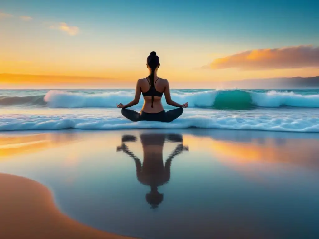 Tranquilidad al amanecer: yoga en la playa Un amanecer tranquilo en la playa con yoga al amanecer, reflejando los beneficios del agua salada en el sistema inmunológico