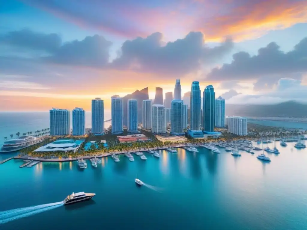 Horizonte costero de ensueño: inversión inmobiliaria en 2023 Un amanecer vibrante en una ciudad costera con modernos edificios, aguas azules y un bullicioso paseo marítimo